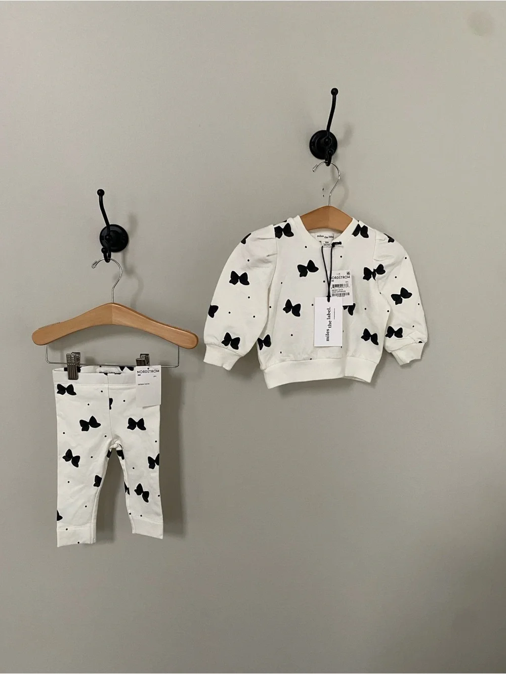 New Mille the Label Kids Cream Matching Set with Black Bow Print